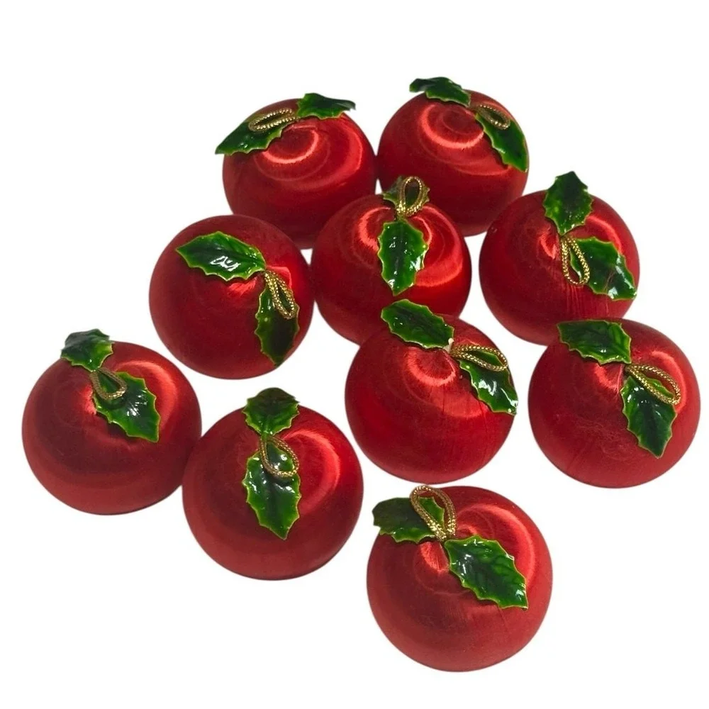 10 Vintage Satin Apple Christmas Ornaments Red Fruit Balls‎ MCM Retro 3 Inch